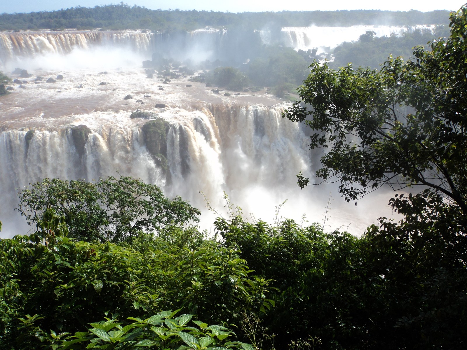 Fotografia das Cataratas do Iguaçu vistas da trilha brasileira, cercadas pela vegetação